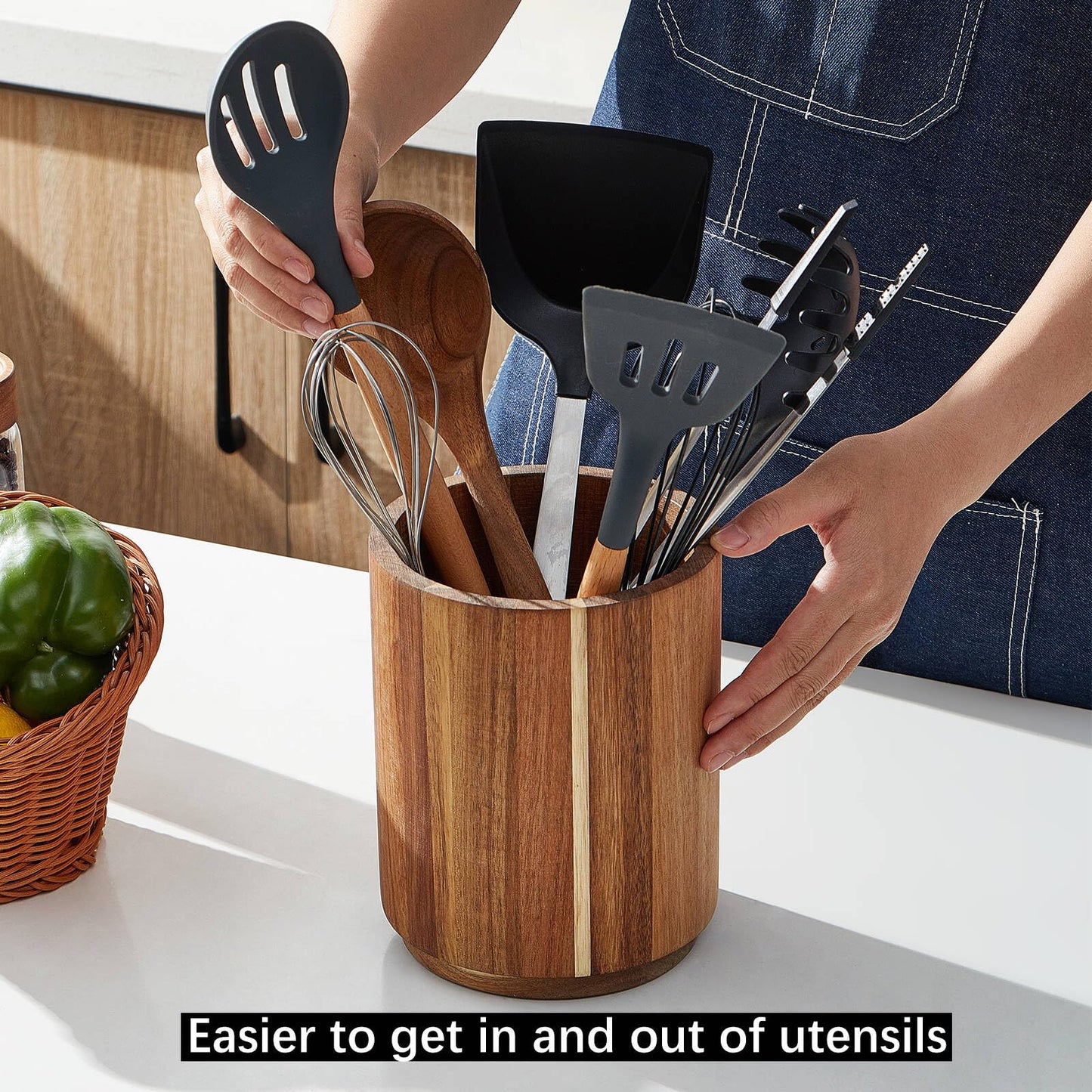 LOHONER Acacia Wood Utensil Holder, 360° Rotating, Large Countertop Organizer, Farmhouse Kitchen Decor