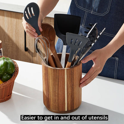 LOHONER Acacia Wood Utensil Holder, 360° Rotating, Large Countertop Organizer, Farmhouse Kitchen Decor