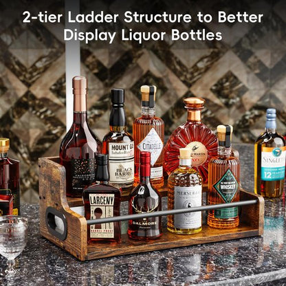 KLM Liquor Bottle Display Shelf, Coffee Syrup Rack Organizer, 2 Step Countertop Liquor Wine Rack, mini bar,Liquor Cabinet, Home Retro Bar Shelf Stand for Liquor Whiskey, Spirits, Brown
