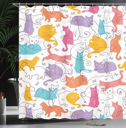 Ambesonne Cat Shower Curtain, Colorful Cats Modern Line Art, Cloth Fabric Bathroom Decor, 69" W x 70" L