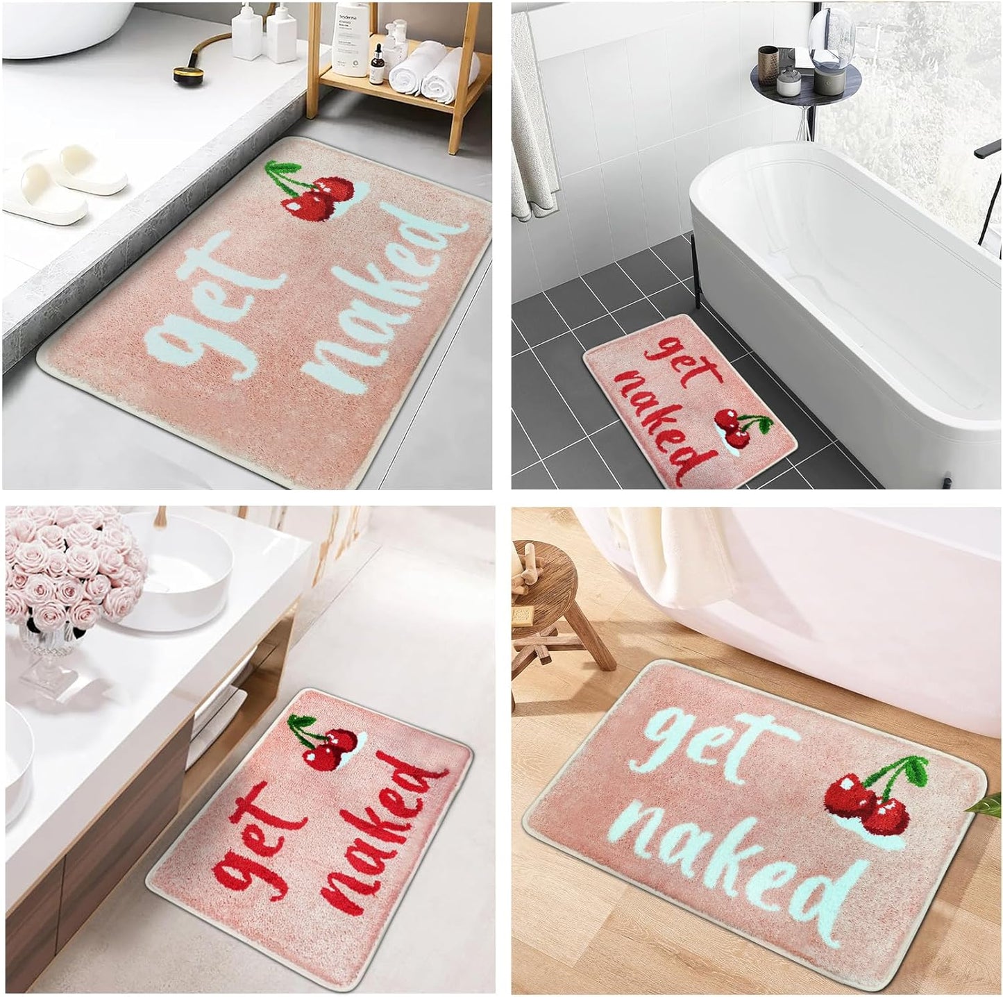 Cherry Bath Mat for Bathroom - Get Naked Pink Bathtub Rug, 31"x20", Funny Cute Super Absorbent Decor