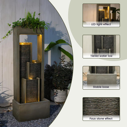 Takamota Indoor Waterfall Fountain, 52" Modern Tiered Indoor Water Feature with LED Lights, Resin Freestanding Garden Water Fountain for Patio, Room Decor Backyard Waterfall Feature, Gray Stone Look