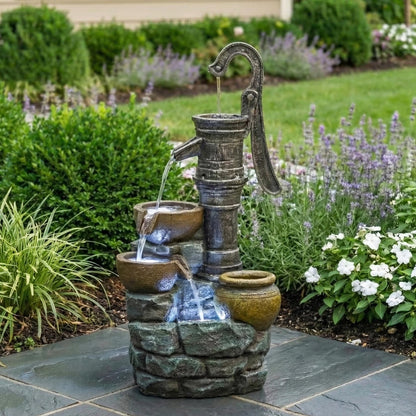 mdj pottery 32 Inch Tall Outdoor Water Fountain, 3-Tiered Cascading Bowl Fountain, Vintage Pump Style Weather-Resistant Resin Waterfall Fountain for Patio Yard Garden - Grey