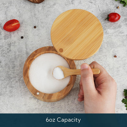Pochita Global Bamboo Salt Cellar Bowl Box with Swivel Magnetic Lid to Avoid Dust, Elegant Kitchen Salt Container Holder with to Storage Pepper Spice Bath & Sea Salts, 6OZ（Built-in Spoon）