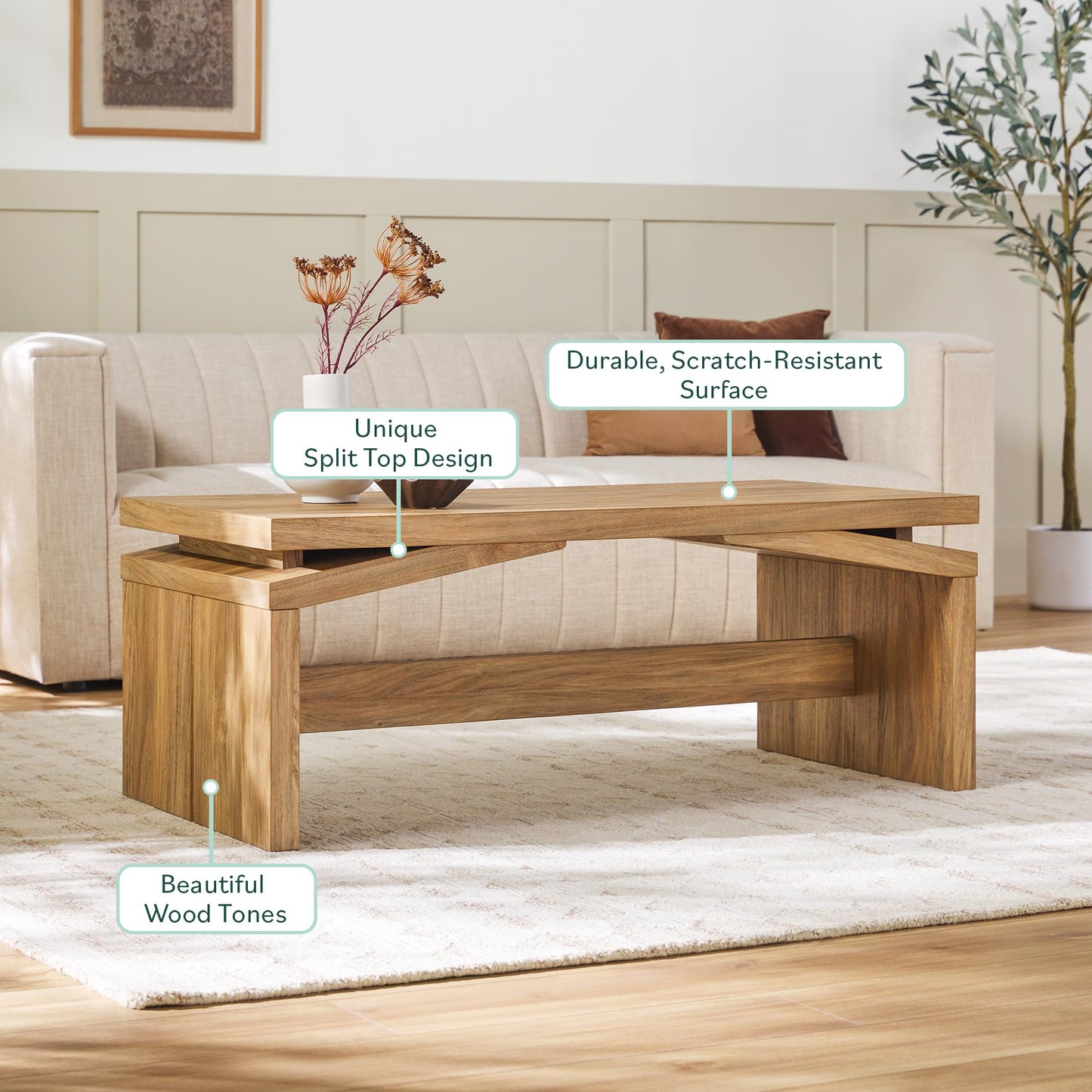 Walker Edison Booker Modern Easy Assembly Split-Top Coffee Table, 47 Inch, Heritage Oak