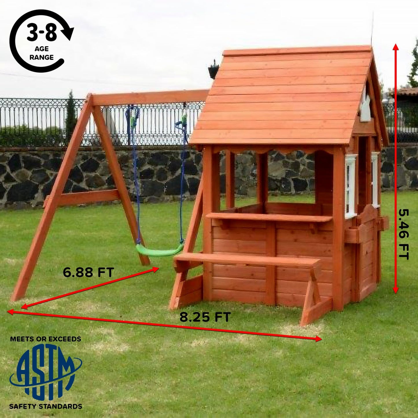 Sportspower Swing and Play Wooden Playhouse for Kids, Outdoor Backyard Playhouse with Swing, Picnic Bench, Working Door, Flower Boxes & Wooden Roof, Ages 3–8