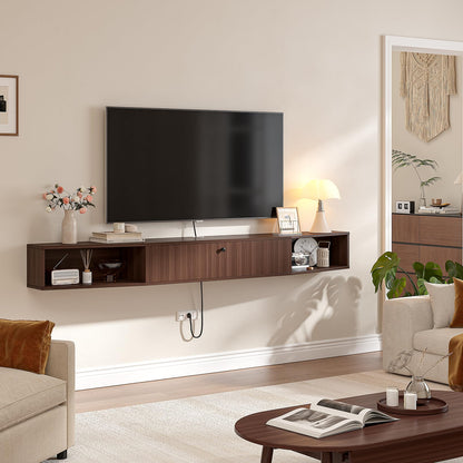 FloatiCasa 78inch Floating TV Stand, Plywood Wall Mounted Media Console with 1 Flip Down Door & 5 Open Shelves, Modern Floating Entertainment Center with Wire Management for Living Room, Walnut