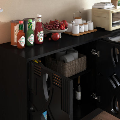 KEIKI 60.5'' Buffet Cabinet with Storage, Farmhouse Fluted Sideboard with Geometric Pattern & Adjustable Shelves, Mid Century Modern TV Stand for Living Room Kitchen Dining Room Entryway, Black