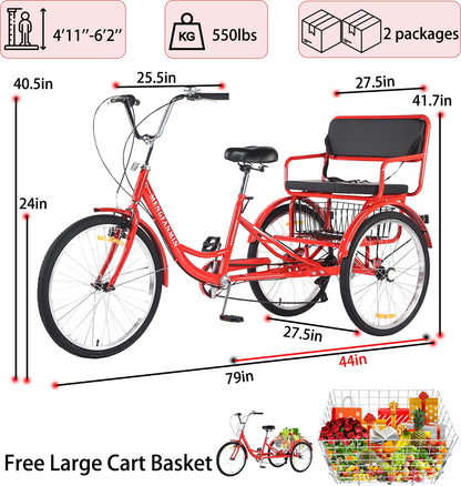 VHCLYBJU Adult Tricycle Foldable with Child seat 3 Wheel Bicycle for Ladies Tricycle with Basket with Back seat 20/24in Bikes Maximum Load 550lbs Shock Absorbing Fork Adult-Unisex (24in-7speed-red)