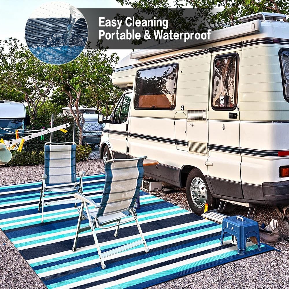 6'x9' HUGEAR Outdoor Waterproof Rug Plastic Straw Rugs Washable Reversible Floor Mat Blue Stripe Carpet for Camping RV