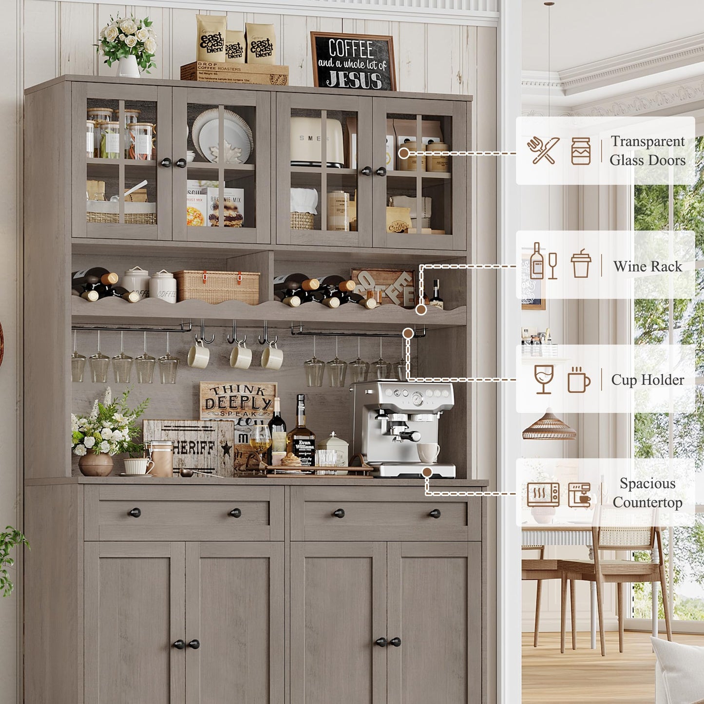 HOSTACK 75.4" Tall Kitchen Pantry Cabinet with Charging Station, Modern White Kitchen Hutch with Microwave Stand and Wine Rack, Large Food Pantry Storage Cabinet with Glass Doors and Drawers, Ash Gray