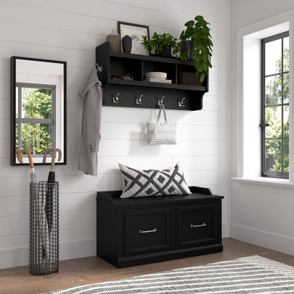 Bush Home Woodland 40W Shoe Storage Bench with Doors and Wall Mounted Coat Rack in Black Suede Oak | Foyer, Mudroom, Entryway Organizer