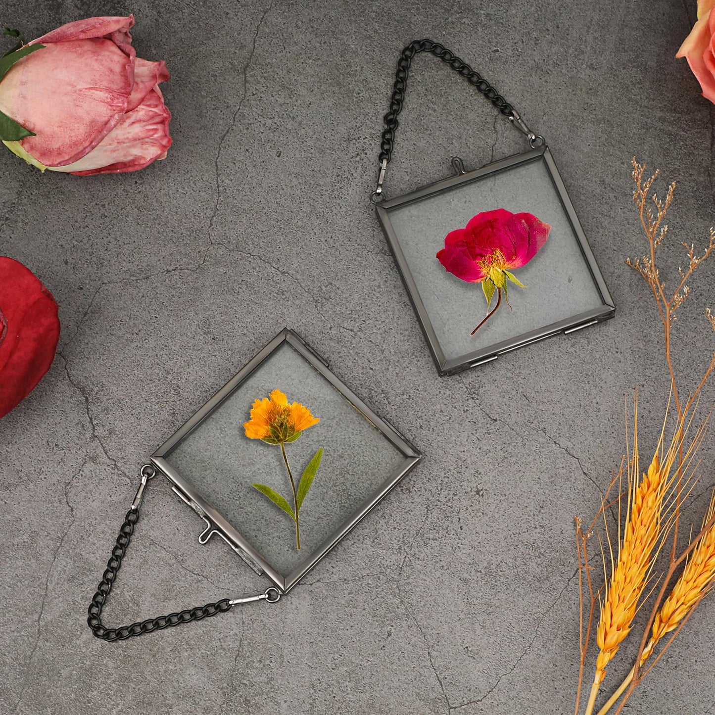 JUXYES 4 Pack Wall Hanging Mini Brass Glass Ornament Frames, Square Floater Picture Artwork Display Frame, Double Glass Floating Tiny Frames Gallery Wall Frame for Photo, Picture, Pressed Flower, Black