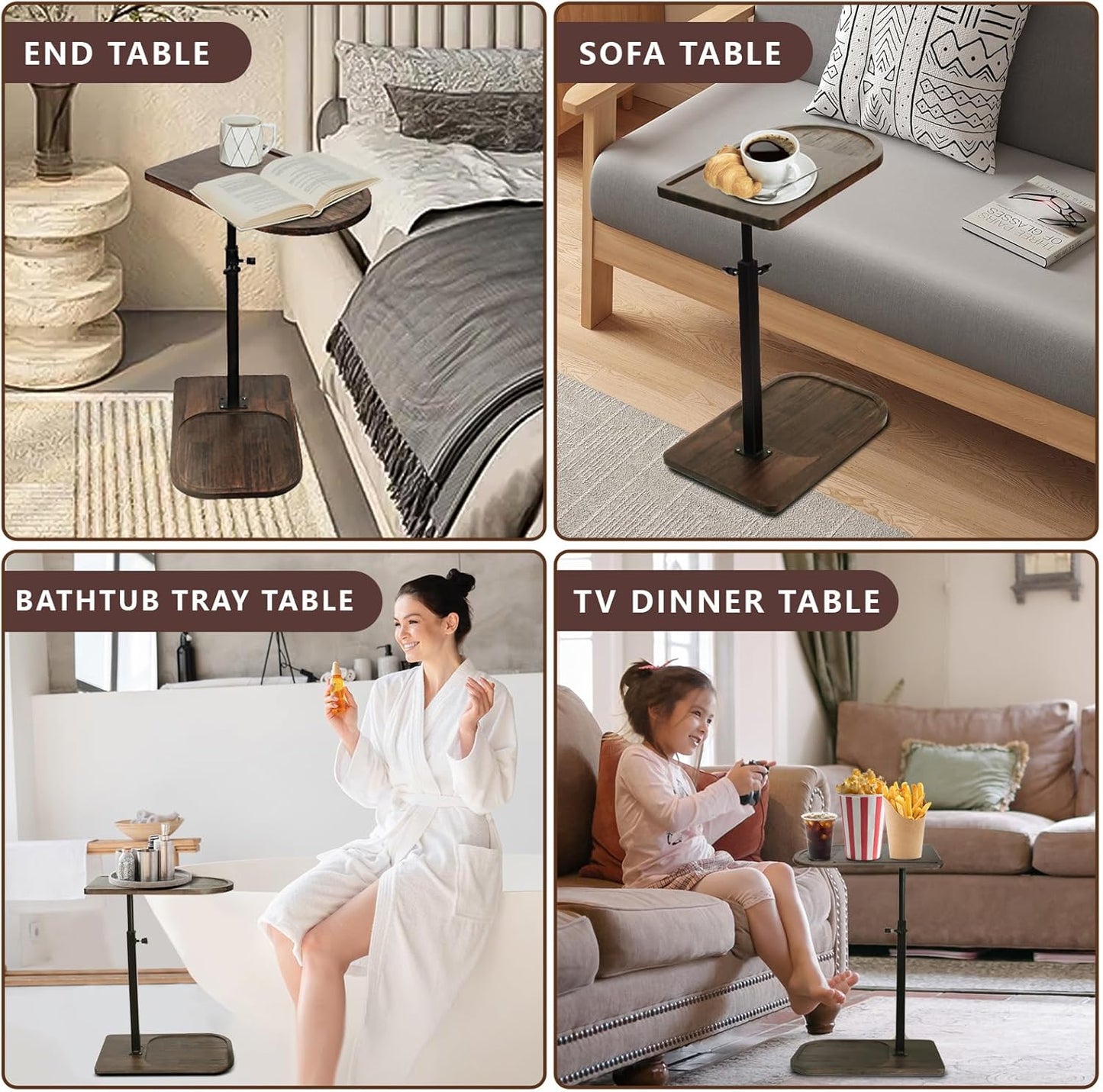 Adjustable/360 Side Table Sofa Tray for Couch - Swivel TV Tray Tables with Phone & Tablet Slot, Small Spaces Snack
