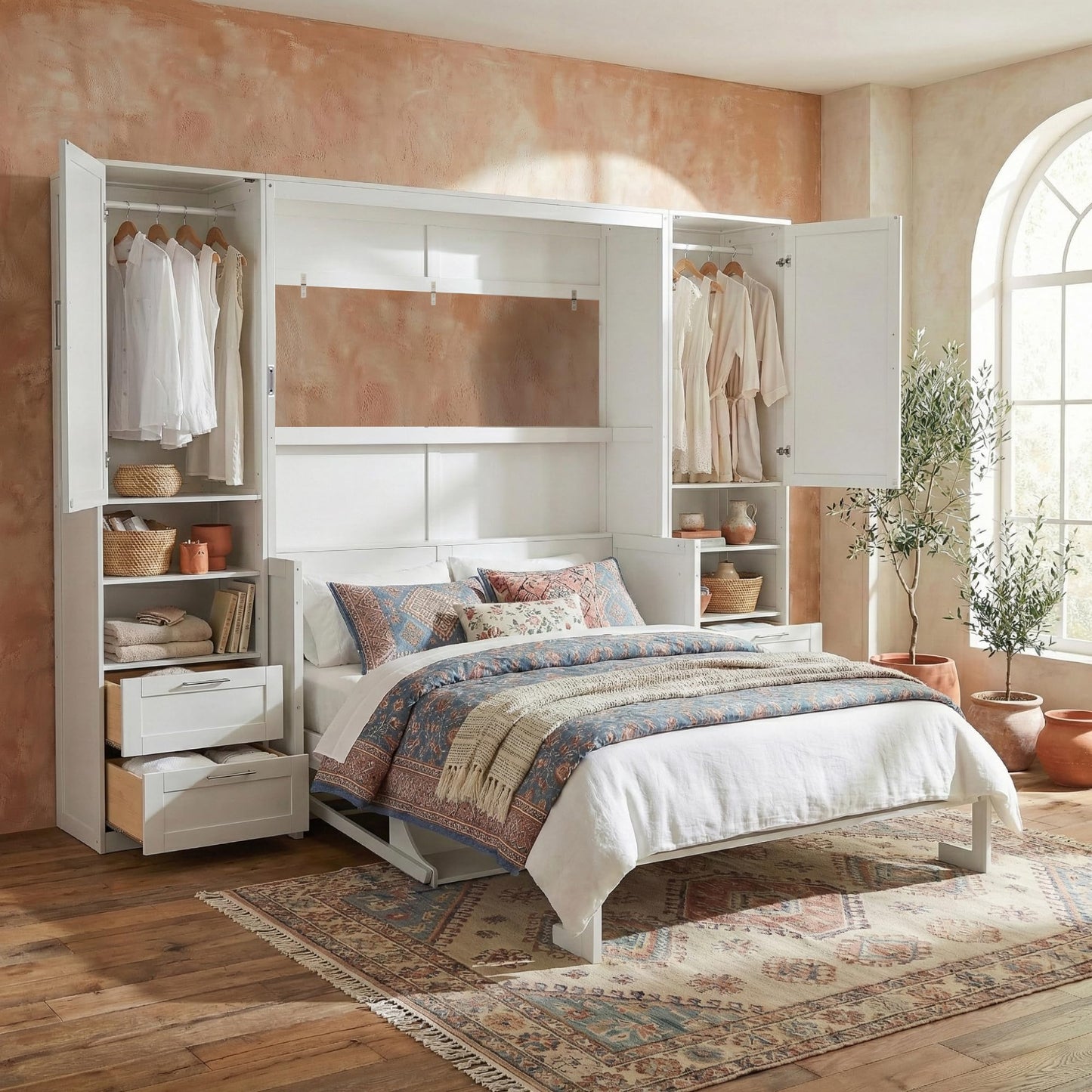 Merax Queen Size Murphy Bed with Desk, Multifunctional Foldable Wall Bed with Closet, Drawers and Shelves, Space-Saving Wood Platform Bed Frame for Small Spaces Studio Study Office Guest Room, White
