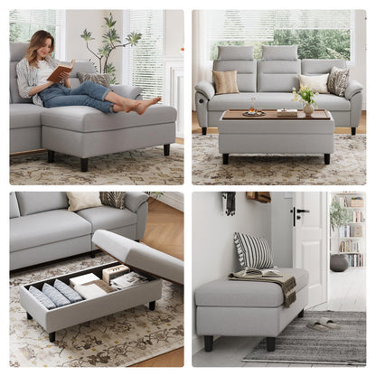 LINSY HOME 46 Inches Wide Storage Ottoman Bench, Linen Coffee Table Long Shoes Bench Footstool, Storage Chest, Foot Rest Stool, for The Living Room, Entryway and Family Room (Grey)