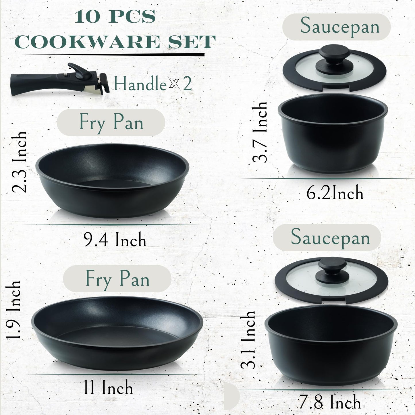 Moss & Stone 10pcs Nonstick Cookware Pans with Removable Handles, Space Saving Pots and Pans with Removable Handles, RV Pots and Pans Set for Camping, Oven and Induction Ready