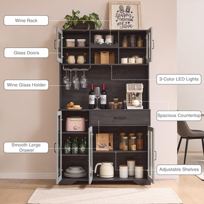 Fatmok 71" Tall Pantry Cabinet with Glass Doors, Kitchen Hutch Storage Cabinet, Coffee Bar & Liquor Cabinet with Charging Station & LED Lights, Wine Rack, Adjustable Shelves＆Large Drawer, Grey