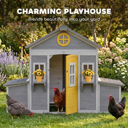 PawHut Wooden Chicken Coop, Hen House for 2-4 Hens, Outdoor Playhouse Poultry Cage with 2 Nesting Boxes, Waterproof Roof, Windows, Chicken Hutch for Farm Backyard, 72" x 50" x 54", Gray
