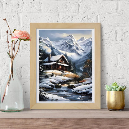 YEEIFFD DIY The Cozy Cabin in The Snow Diamond Painting Kits 5D Round Diamond Painting for Adult Diamond Art Kit for Wall Decor Living Room Decor 12x16 inch