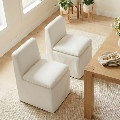 KISLOT Upholstered Dining Chairs Set of 2 with Casters, Modern Armless Kitchen Chairs with Removable Washable Cover, Chenille Velvet Fabric, Sturdy Metal & Wood Frame, 19.5" Seat Height, Linen