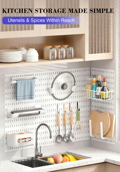 Skwelom Pegboard Wall Organizer Set – 4 Peg Boards with Hooks & Shelves – Office, Kitchen, Gaming Room Desk Pegboard Storage – Peg Board Wall Display Rack (White)