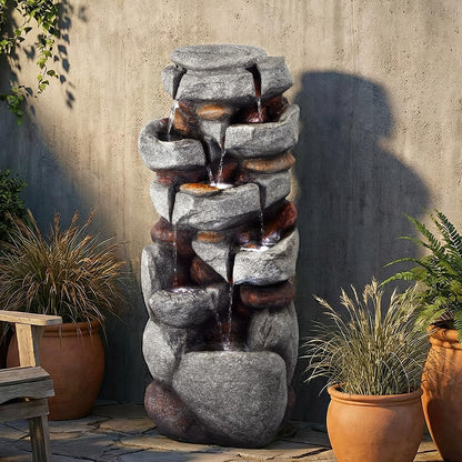 40" H Outdoor Water Fountain, Cascading Rock Waterfall Fountain with 6 White LED Lights, 7-Tiers Large Water Feature for Outdoor, Garden Water Fountain for Patio, Yark, Deck, Porch, Home Decor