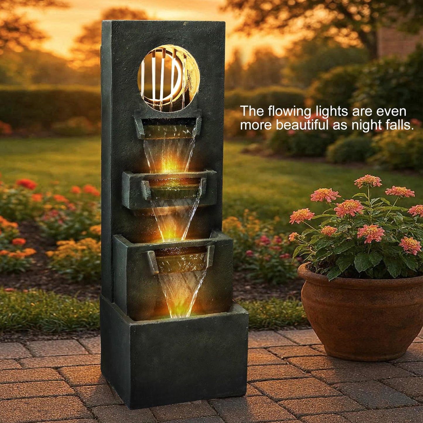 Naturefalls 39.3” H Modern Outdoor Fountain - 4-Tiered Outdoor Garden Fountains with Contemporary Design&LED Light for Garden, Patio, Deck, Porch, Backyard and Home Art Decor