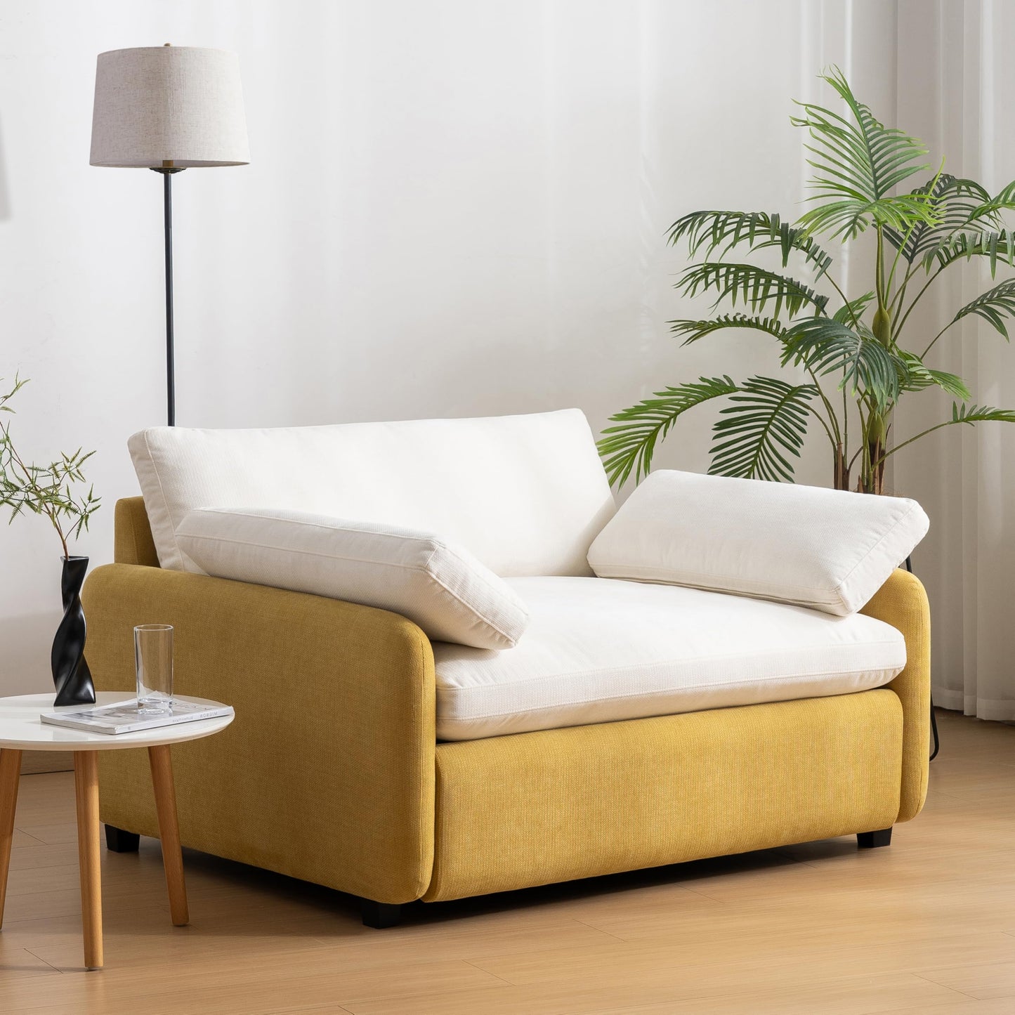 GDFStudio 50" Oversized Accent Chair, Modern Chenille Upholstered Armchair with 2 Pillows & Solid Frame, Deep Wide Seat Cloud Comfy Single Sofa Reading Chair for Living Room Apartment, Yellow+Cream