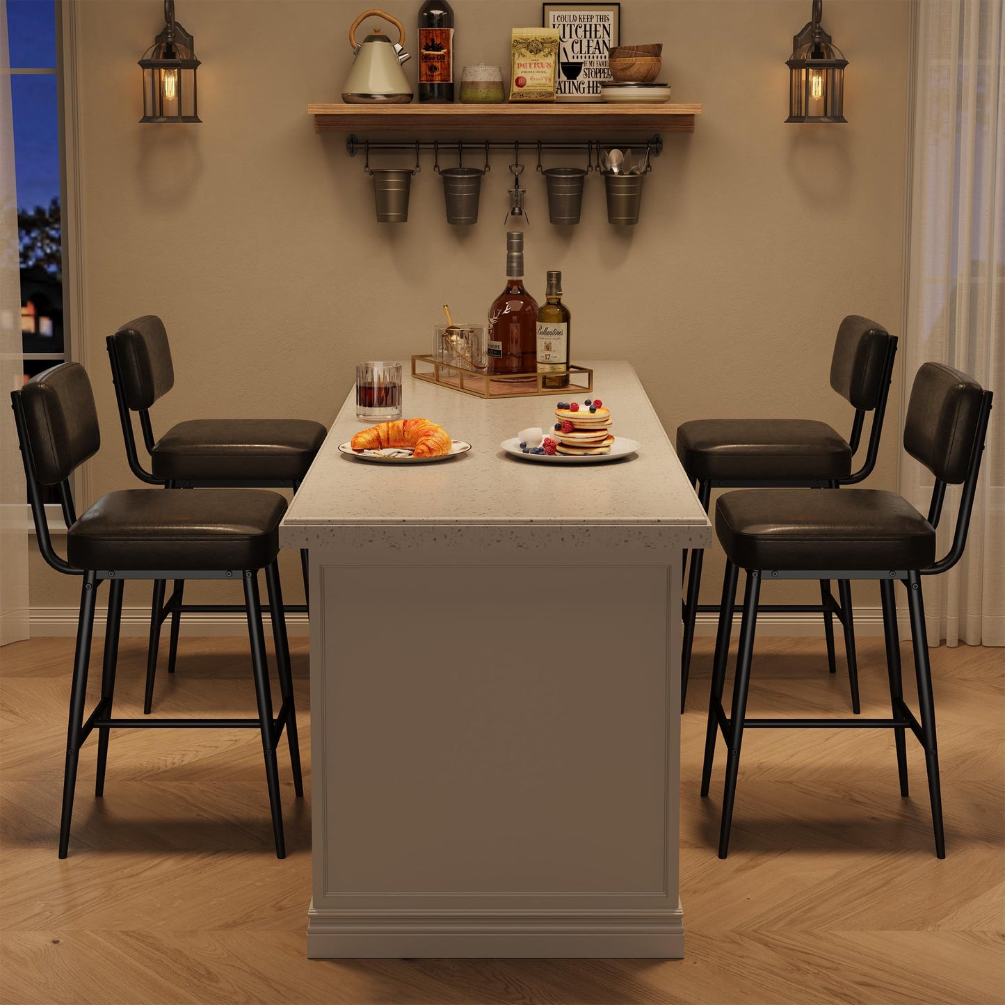 GarveeHome Bar Stools Set of 4, 26" Black Faux Leather Counter Height Bar Stools with Backs, Modern Upholstered Barstool Chairs with Metal Legs for Kitchen Island, Home Bar, Dining Room