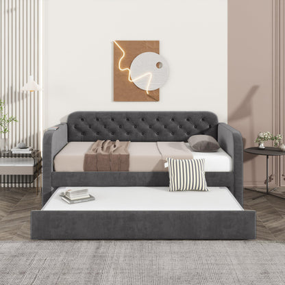 Ball & Cast Twin Size Daybed W/Trundle,Velvet Day Bed with Pop Up Trundle Bed W/USB Charging Ports,Upholstered Sofa Bed W/Back,No Box Spring Needed,for Bedroom,Guest Room,Dark Gray
