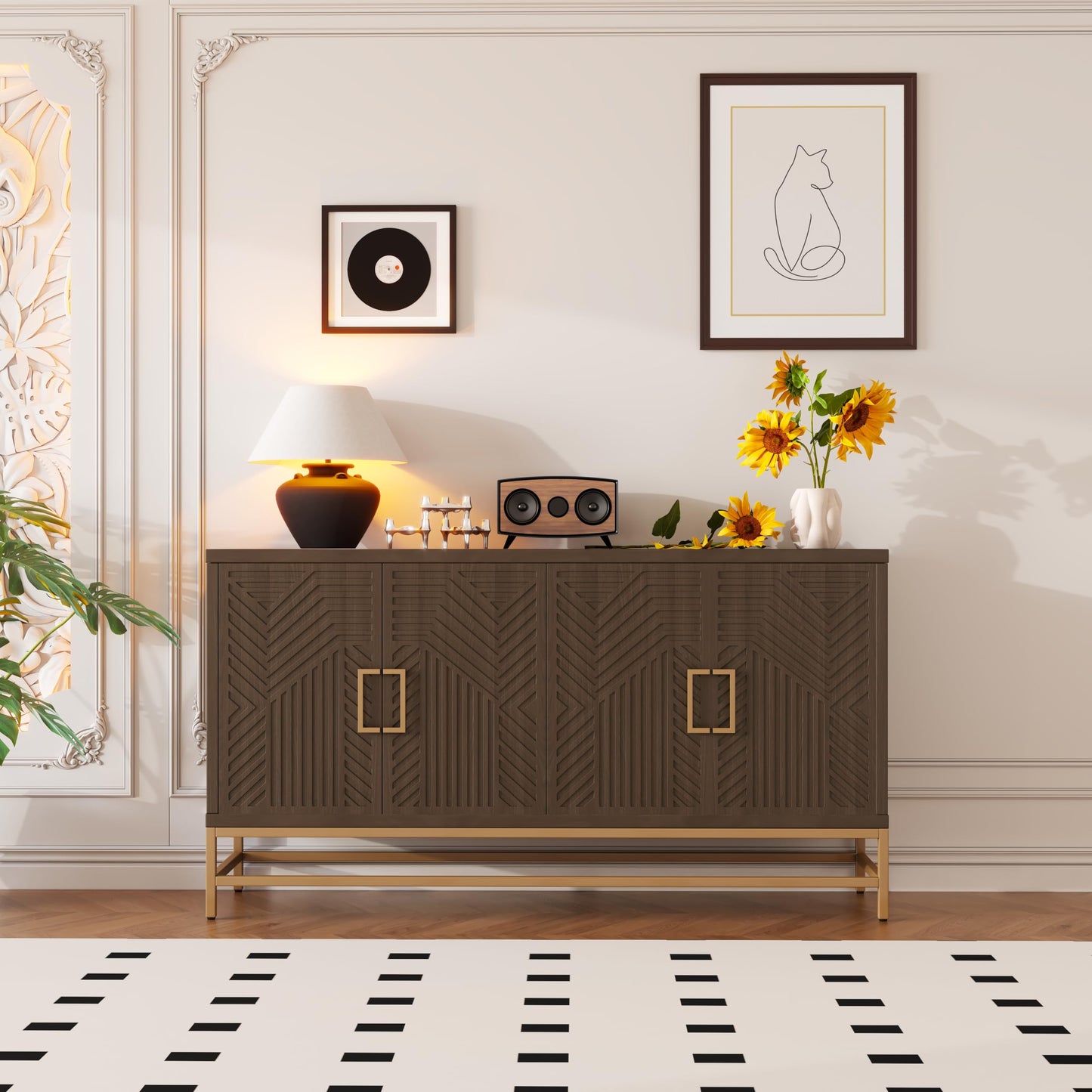 GDFStudio 60" Modern Sideboard Buffet Storage Cabinet with 4 Doors & Adjustable Shelves, Retro Coffee Bar with Metal Handles & Legs, Kitchen Cupboard Organizer for Dining Room Living Room, Espresso