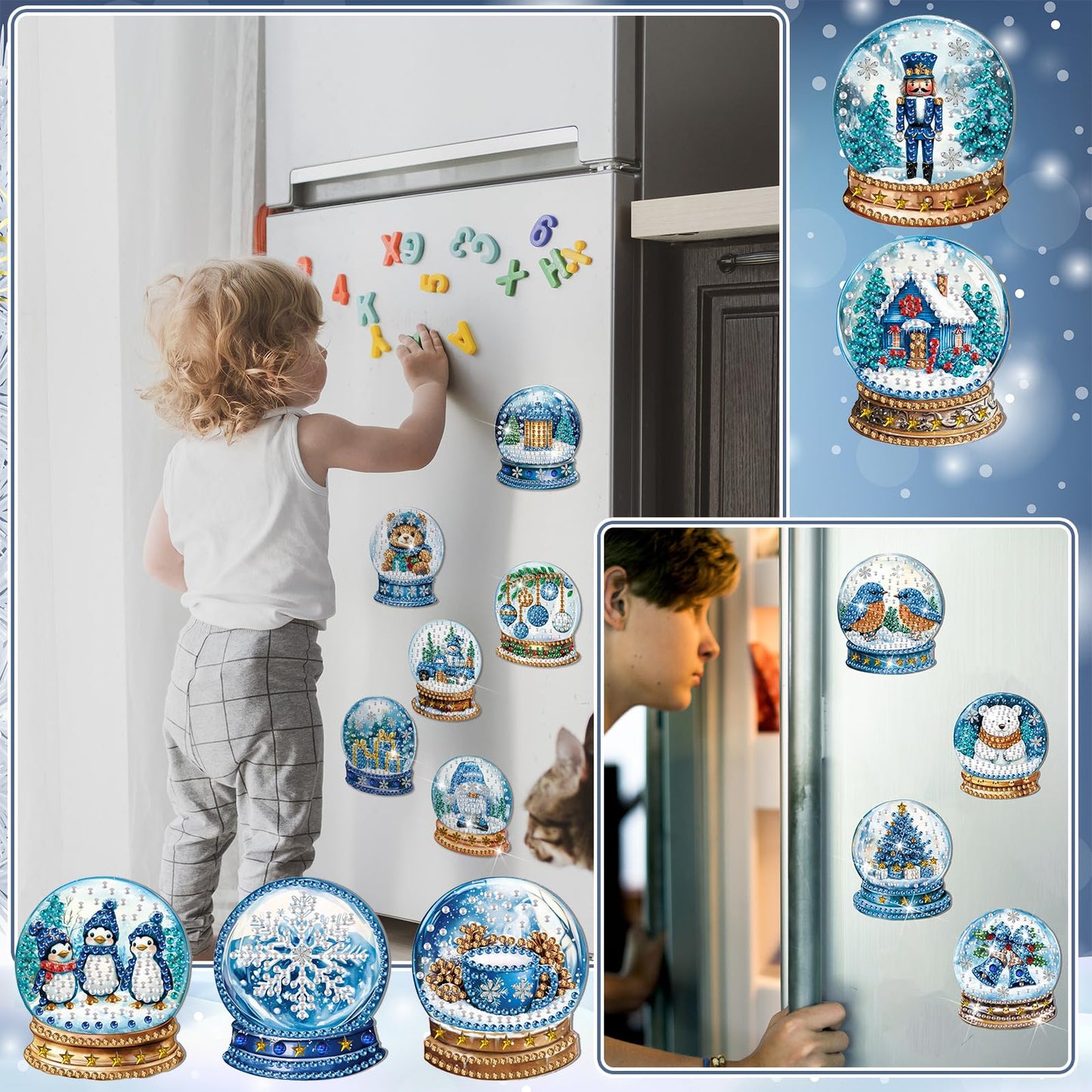 30 Pcs Christmas Diamond Art Kits Magnetic Winter Diamond Painting Magnets Kits Blue Crystal Ball 5d DIY Art Fridge Magnet Refrigerator Sticker for Adult Beginners Home Car Garage Xmas Gift