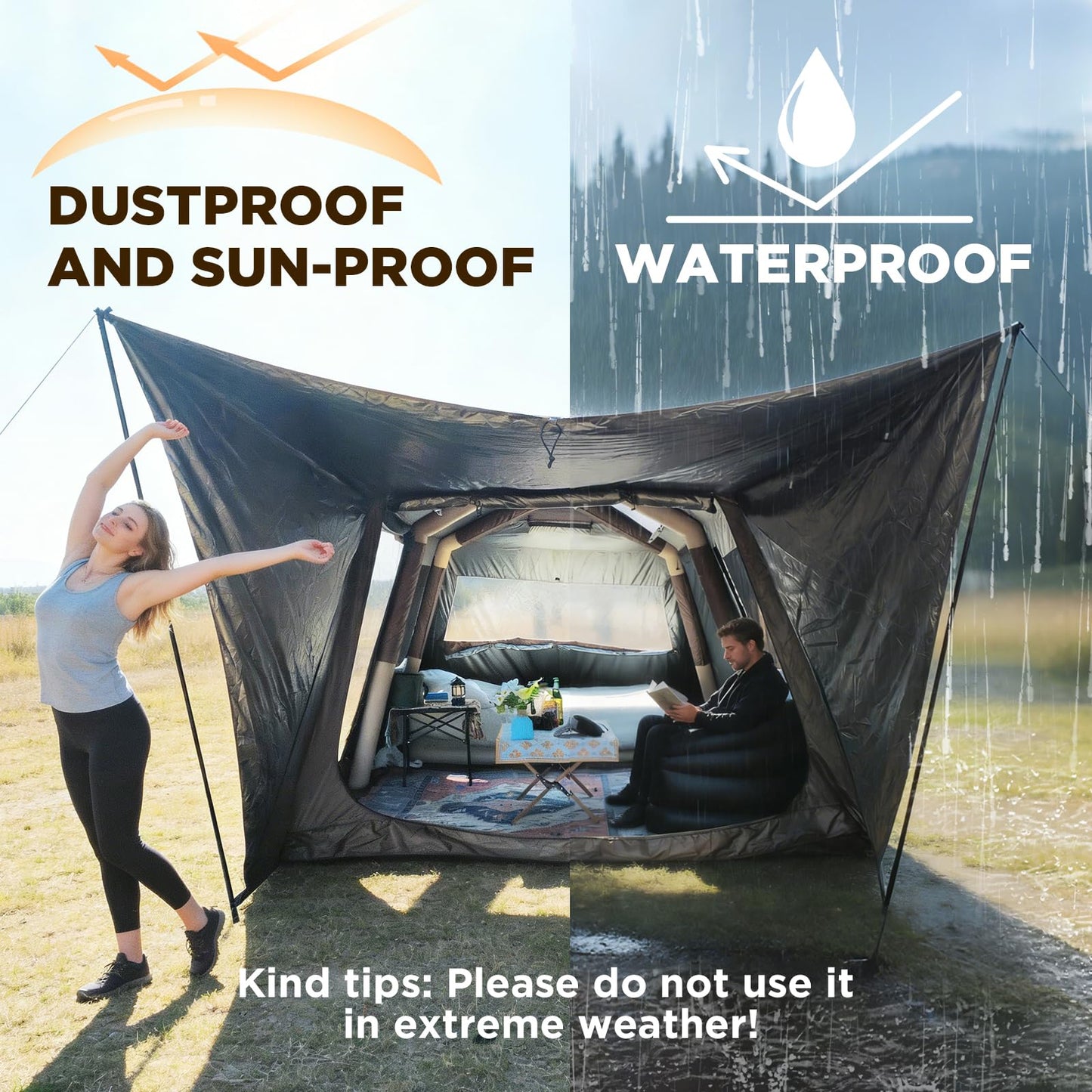 Romantic Camp Inflatable Camping Tent with Pump,8-10 Person Waterproof Blow Up Air Tent for Camping Hiking,Easy to Set Up 4-Season Inflatable House Tent with Oversized Canopy