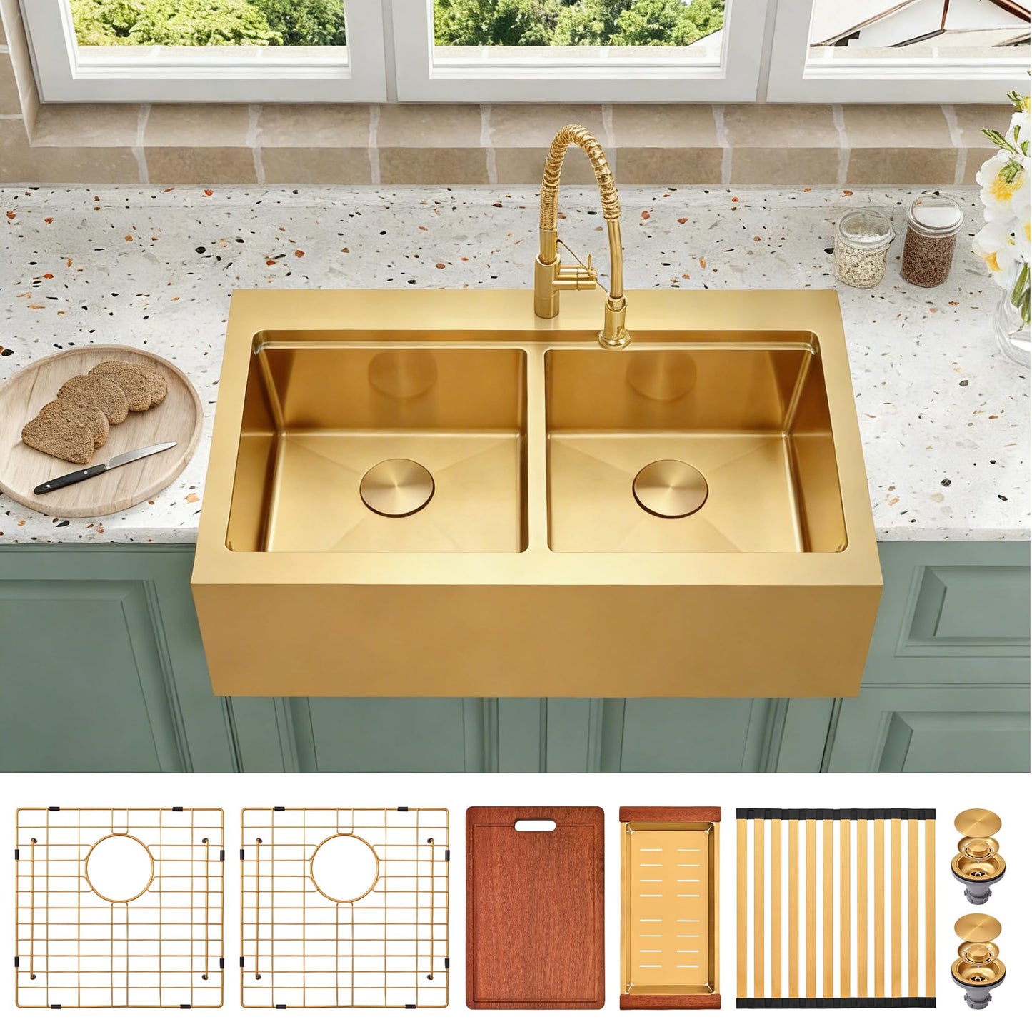 Gold Double Bowls Kitchen Sink, 33" x 22" Drop In Kitchen Sink, 50/50 Double Bowls Farm Sink, 16 Gauge Stainless Steel Workstation Sink, 33 inch Top Mount Deep Double Sinks