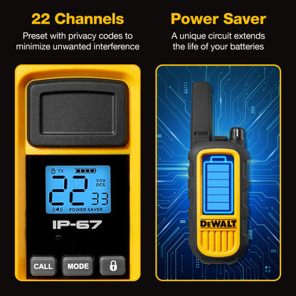 DEWALT DXFRS800 FRS Walkie Talkies Long Range 2 Way Radio, 2 Watt, Waterproof & Rechargeable, 2 Pack