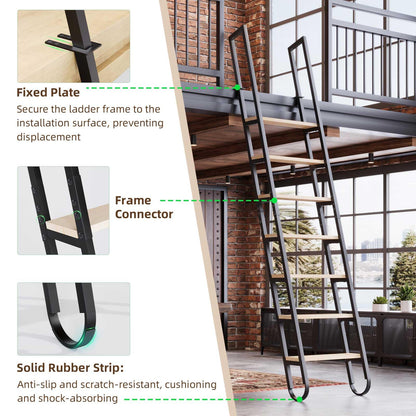 10.35FT Industrial Style Loft Ladder, 8 Steps with Black Steel Handrails & Solid Wood Steps, 450lbs Capacity, Fits 8.2-9FT Installation Height,for Attic, Kitchen, Warehouse, Bookshelf& Outdoor