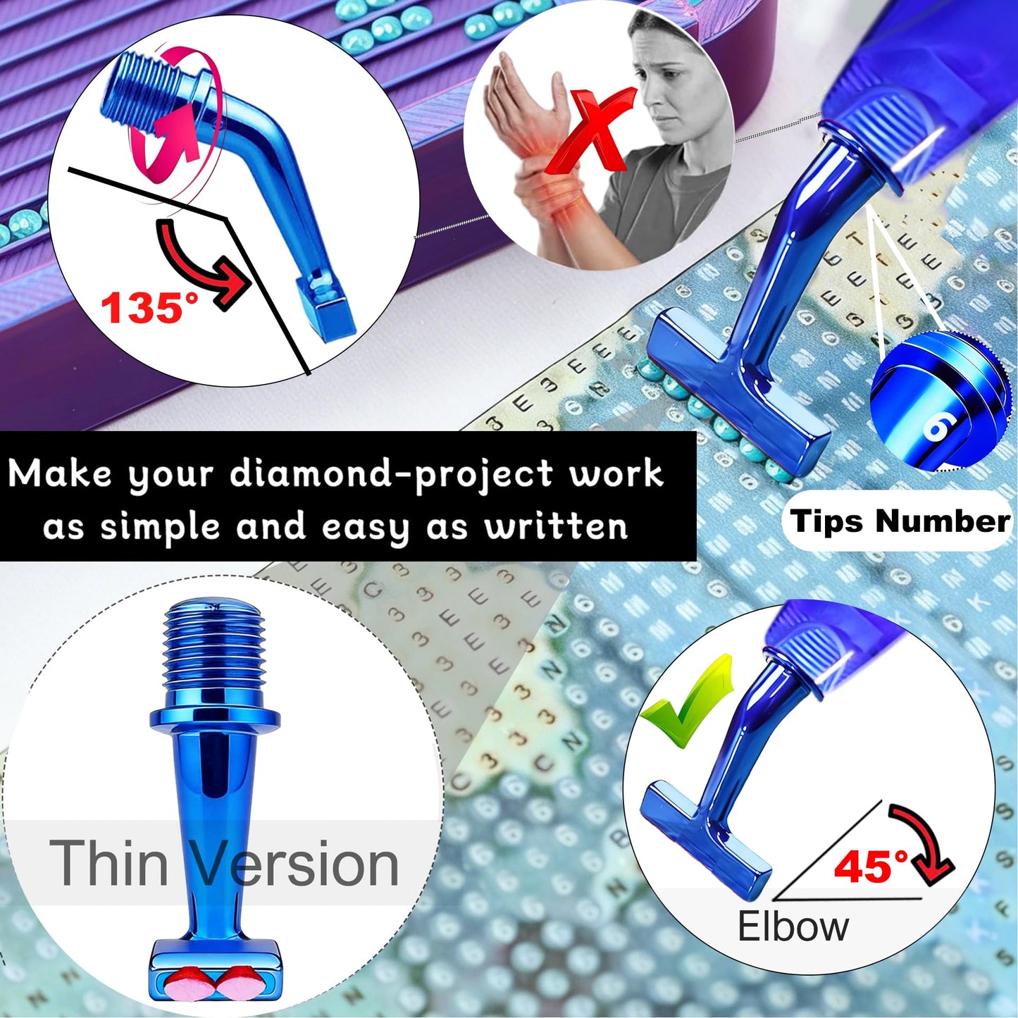 Diamond Painting Art Drill Bead Dot Pen Kit with Ergonomic 45° Screw Metal Tips Nibs Placers Roller Tool Accessories, Diamond Art Putty, Diamond Painting Tray, Tweezer (Blue 1246 Beads)
