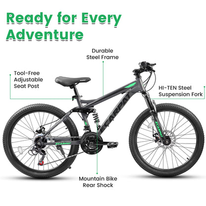 KIAPALNO 26 Inch Mountain Bike, Dual Full Suspension 21 Speed Womens Mens Mountain Bikes, Commuter Bike with Carbon Steel Frame and Dual Disc Brakes