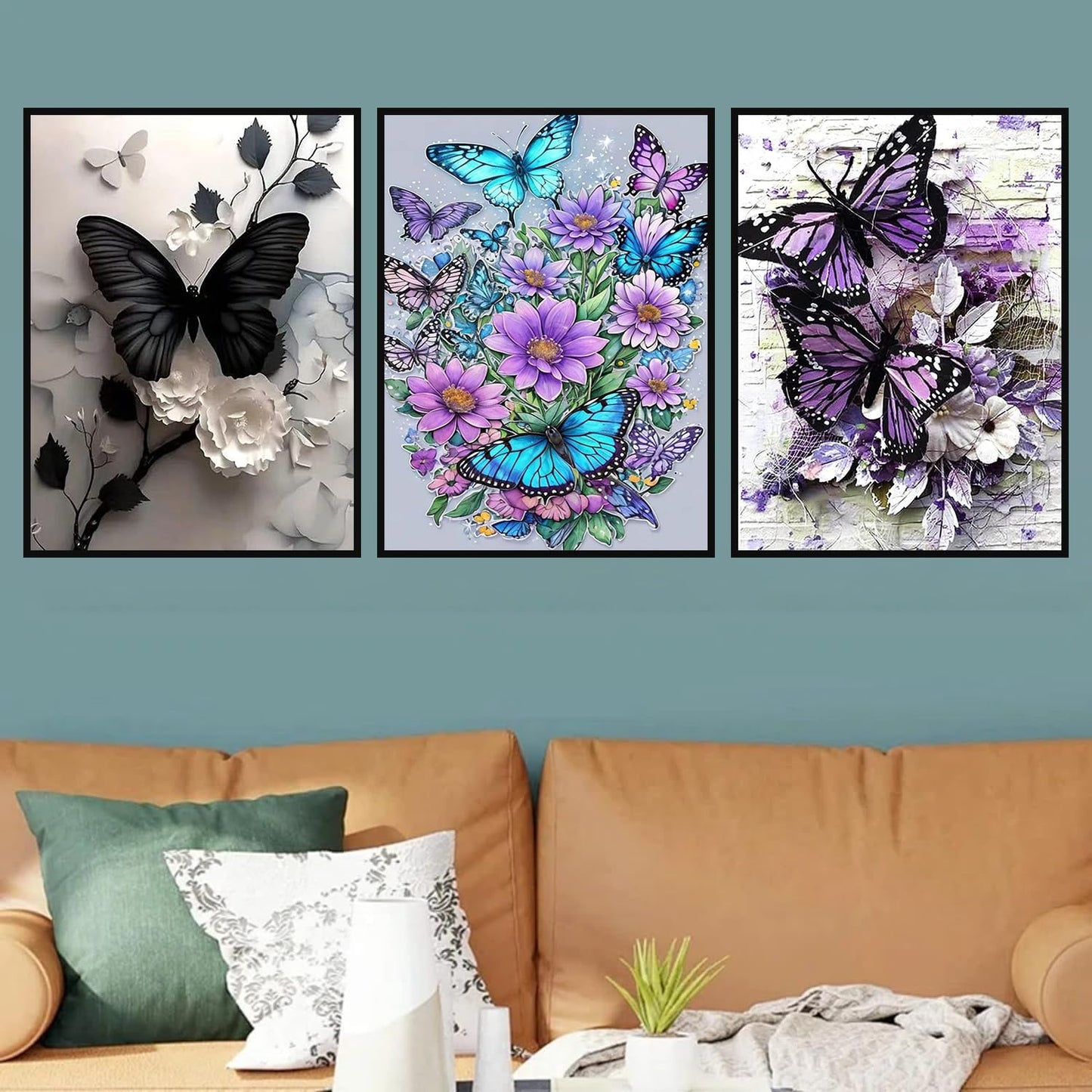 3 Pack Diamond Art Kits for Adults, Butterfly Flowers Diamond Painting Kits for Adults, 5D DIY Round Drill Gem Art Paint with Diamonds Dots Crafts Kits for Home Decor Gift 12x16inch