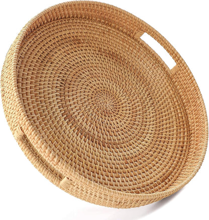 14.2" HITOMEN Hand-Woven Round Rattan Serving Tray Decorative Ottoman Wicker Platter with Handles for Coffee Table