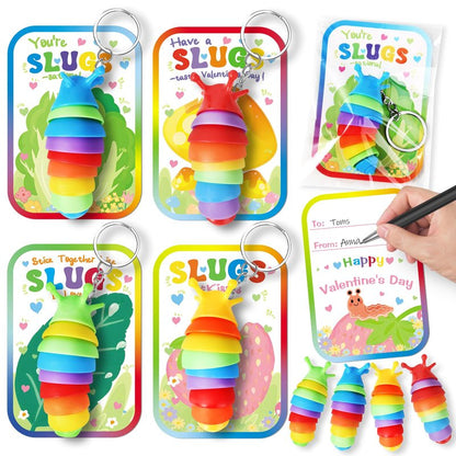 AuroTops Valentines Day Cards for Kids,24 Pack Cute Keychains Bulk Sensory Slug Fidget Toys with Valentines Cards for Boys & Girls Valentine's Day Classroom Gift Exchange,Kids Party Favors
