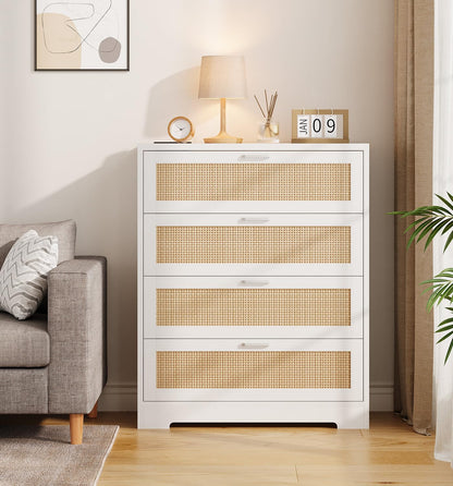 GarveeHome Rattan Dresser, Tall Chest of Drawers, Wood Dresser for Bedroom, Closet, Living Room, Hallway (White, 15.8" D x 31.5" W x 38.6" H (4 Rattan Drawers))