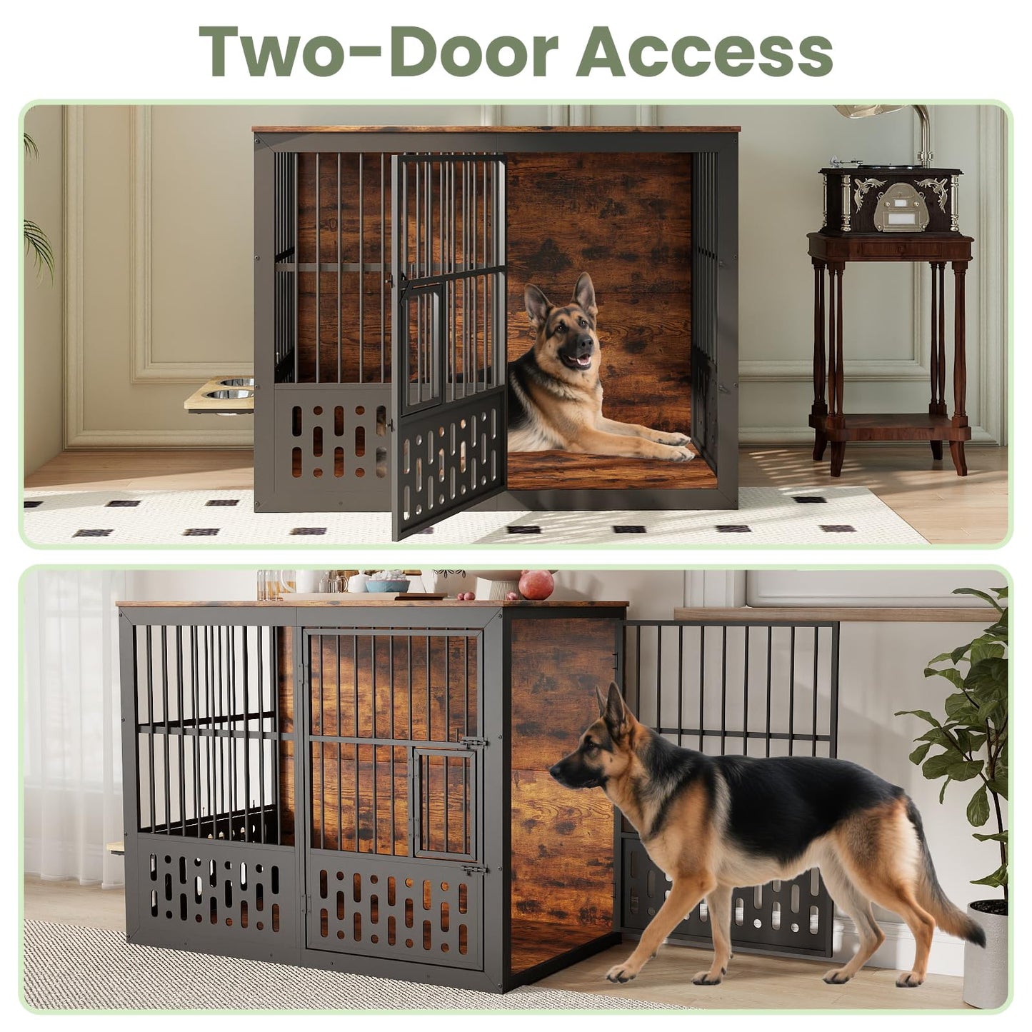 Yafylly 48 Inch XXL Dog Crate Furniture, Wooden Chewproof Dog Kennel with Interactive Window, 360° Adjustable Bowls (5 Heights), Storage Table Top, Heavy Duty XL Dog Crate for Medium Large Dogs, Brown