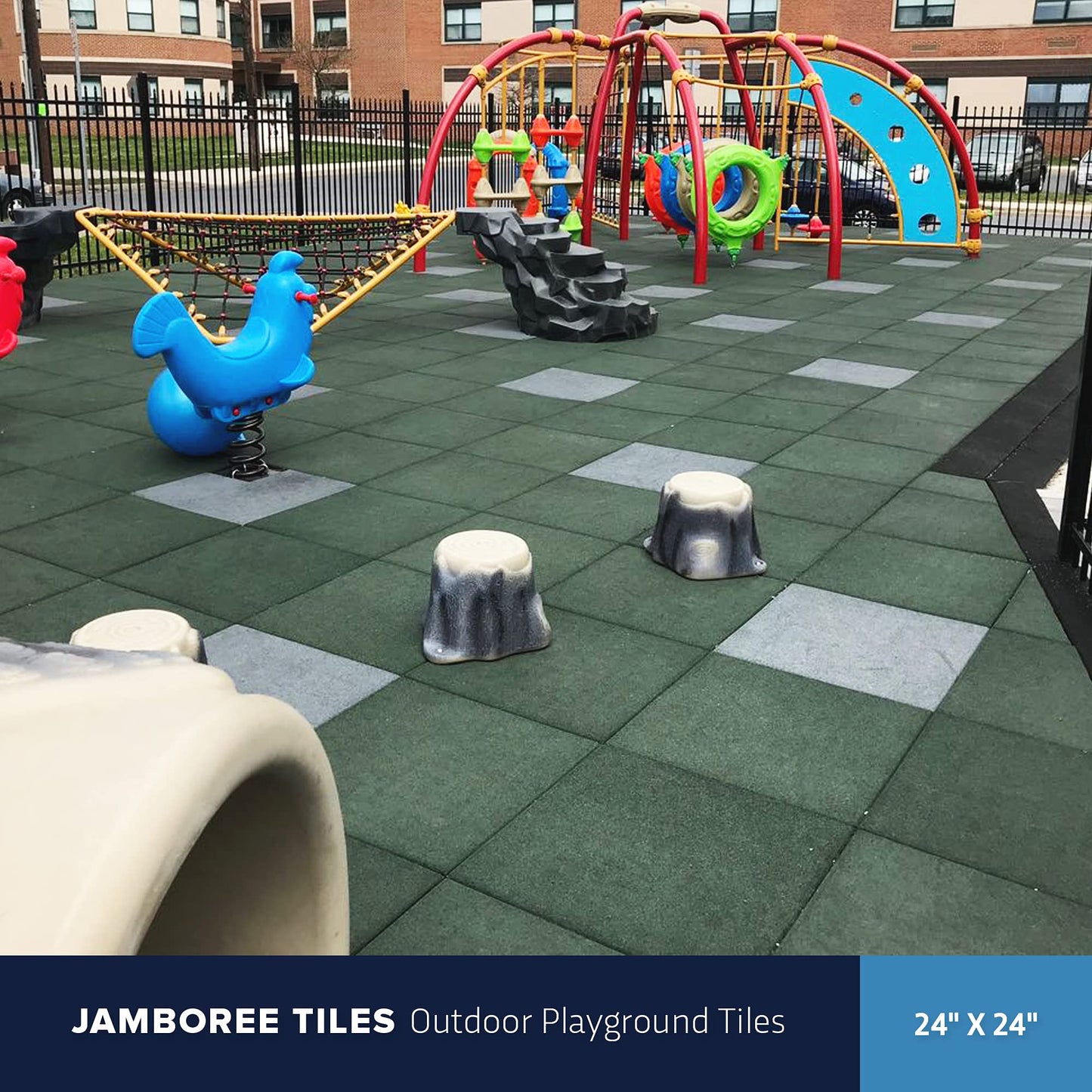 IncStores 2.5 Inch Thick Jamboree Rubber Interlocking Floor 2' x 2' Tiles | Heavy Duty Rubber Outdoor Tiles to Build Better Playgrounds at Homes, Schools, and Daycares | Gray, 75 Tiles