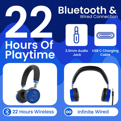 Puro Sound Labs JuniorJam Plus Volume-Limiting Wireless Bluetooth Headphones for Kids, Secure Audio with Adjustable On-Ear Design, 22-Hour Battery Life, Ideal for Tablets, Smartphones & PCs - Blue