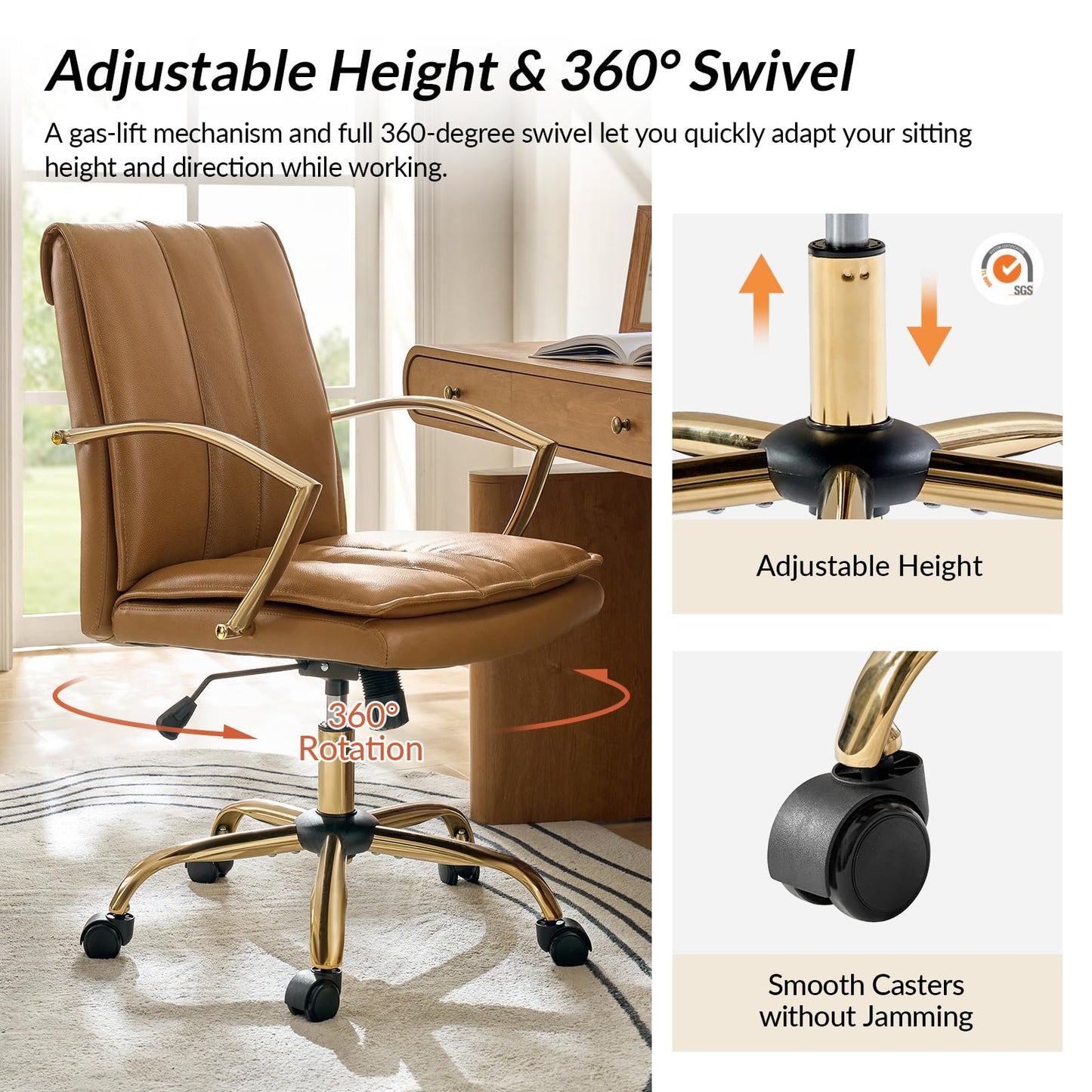 HULALA HOME Genuine Leather Home Office Chair with Rocking Tilt Function, Modern Swivel Executive Desk Chair with Golden Legs and Arms, Height Adjustable Upholstered Computer Task Chair, Camel