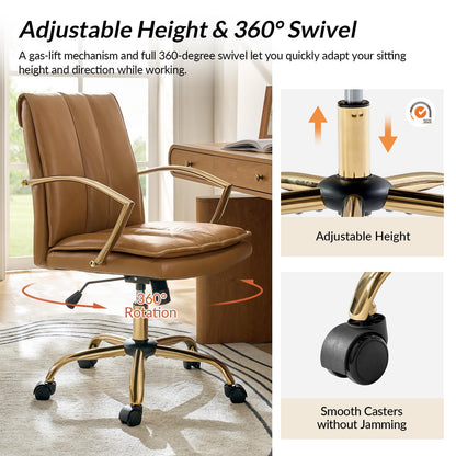 HULALA HOME Genuine Leather Home Office Chair with Rocking Tilt Function, Modern Swivel Executive Desk Chair with Golden Legs and Arms, Height Adjustable Upholstered Computer Task Chair, Camel
