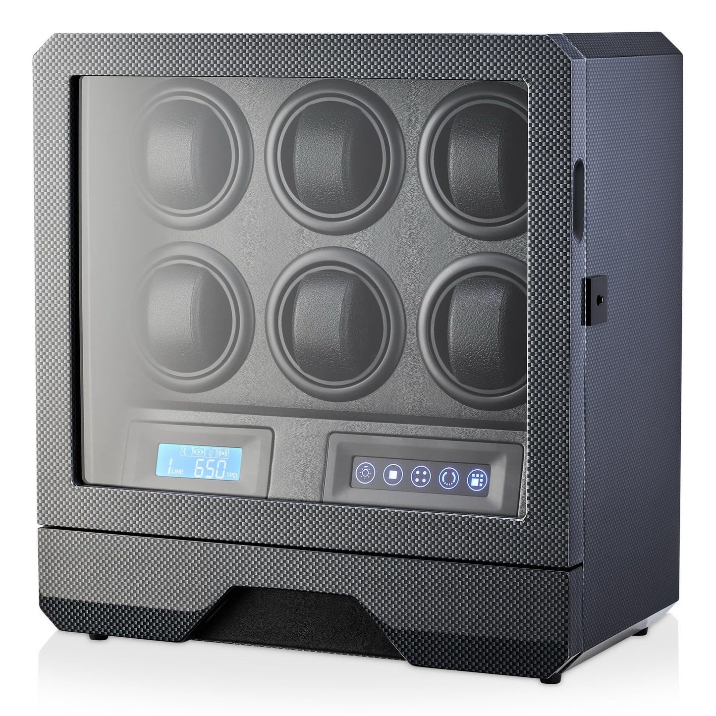 6 Watch Winder with LED Light, LCD Display and Storage Drawer (Carbon)