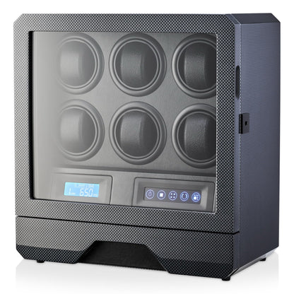 6 Watch Winder with LED Light, LCD Display and Storage Drawer (Carbon)